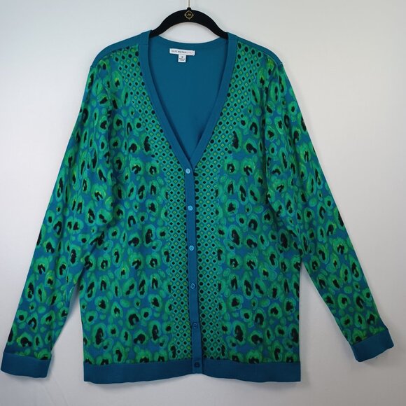 Isaac Mizrahi Sweater Cardigan Teal Green Leopard Print Womens Plus size 1X - Picture 2 of 6